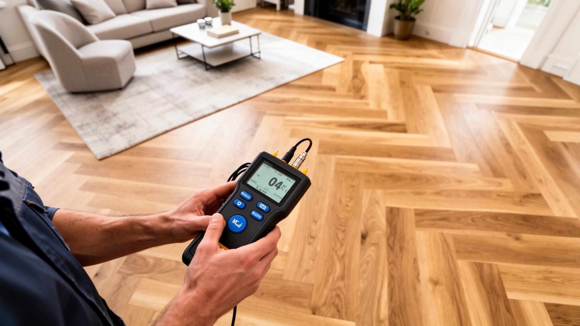 Independent flooring inspector examining a hardwood floor